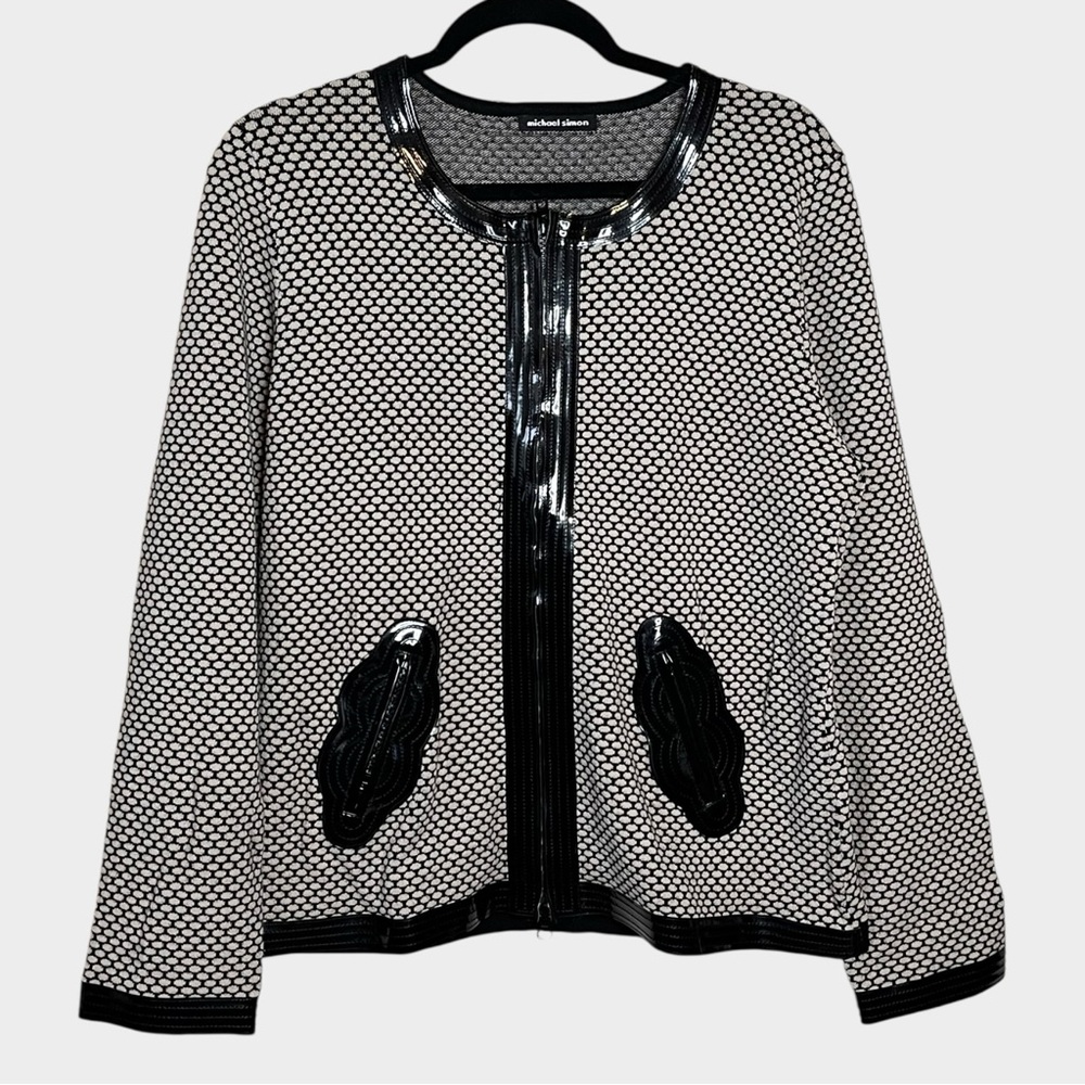 MICHAEL SIMON Black and Beige Full Zip Cardigan Sweater Patent Details Size XL